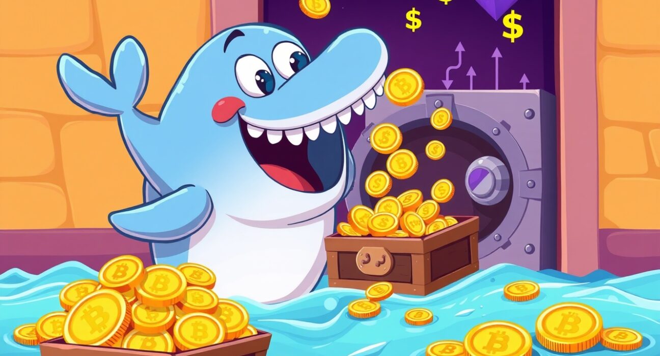 USDC minted illustration showing cryptocurrency whale depositing stablecoins into digital vault