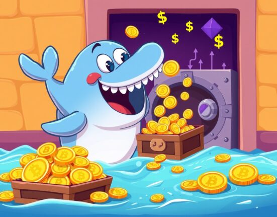 USDC minted illustration showing cryptocurrency whale depositing stablecoins into digital vault