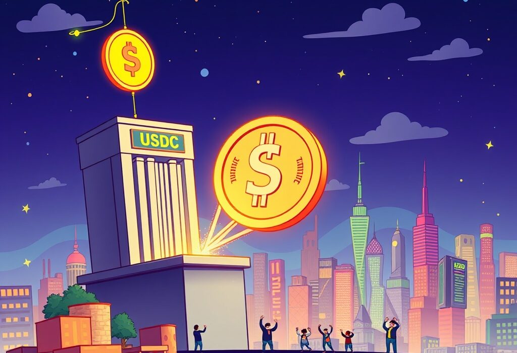A cartoon image depicting a significant USDC minted event, symbolizing growth and stability in the crypto market.