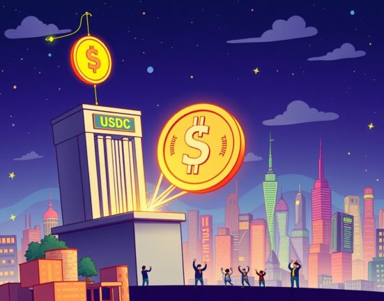 A cartoon image depicting a significant USDC minted event, symbolizing growth and stability in the crypto market.