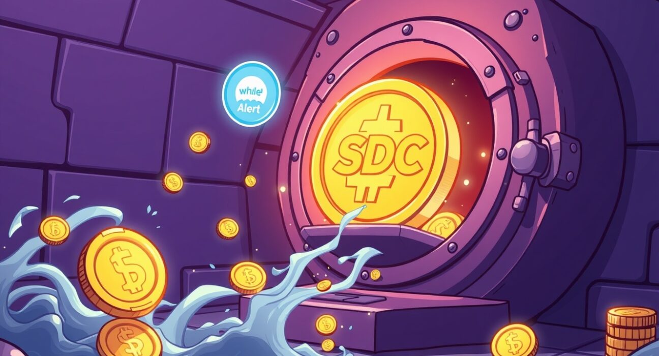 A vibrant cartoon shows 250 million USDC minted, signifying a major stablecoin market event and its impact on crypto liquidity.