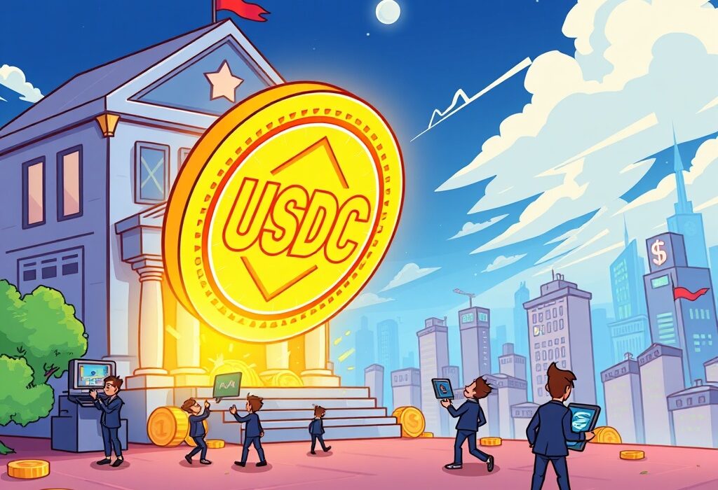 A cartoon image depicting a massive USDC minted transaction, illustrating a large stablecoin boost entering the crypto market.