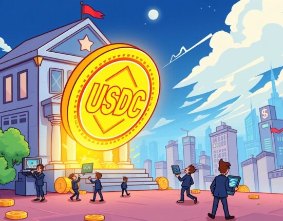 A cartoon image depicting a massive USDC minted transaction, illustrating a large stablecoin boost entering the crypto market.
