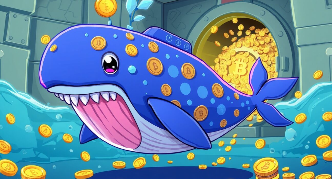 USDC minted showing massive stablecoin creation through cartoon whale pouring coins into digital vault