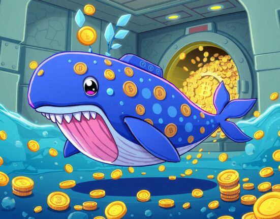 USDC minted showing massive stablecoin creation through cartoon whale pouring coins into digital vault