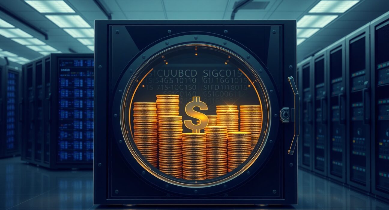 Digital vault containing 250 million USDC stablecoins in a secure blockchain environment representing recent treasury minting.