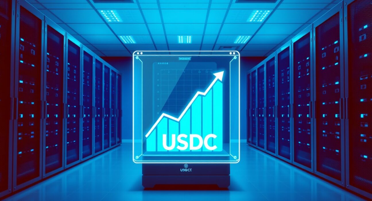 Secure data center visualizing a 250 million USDC blockchain transaction and stablecoin issuance.