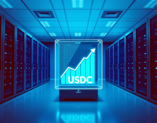 Secure data center visualizing a 250 million USDC blockchain transaction and stablecoin issuance.
