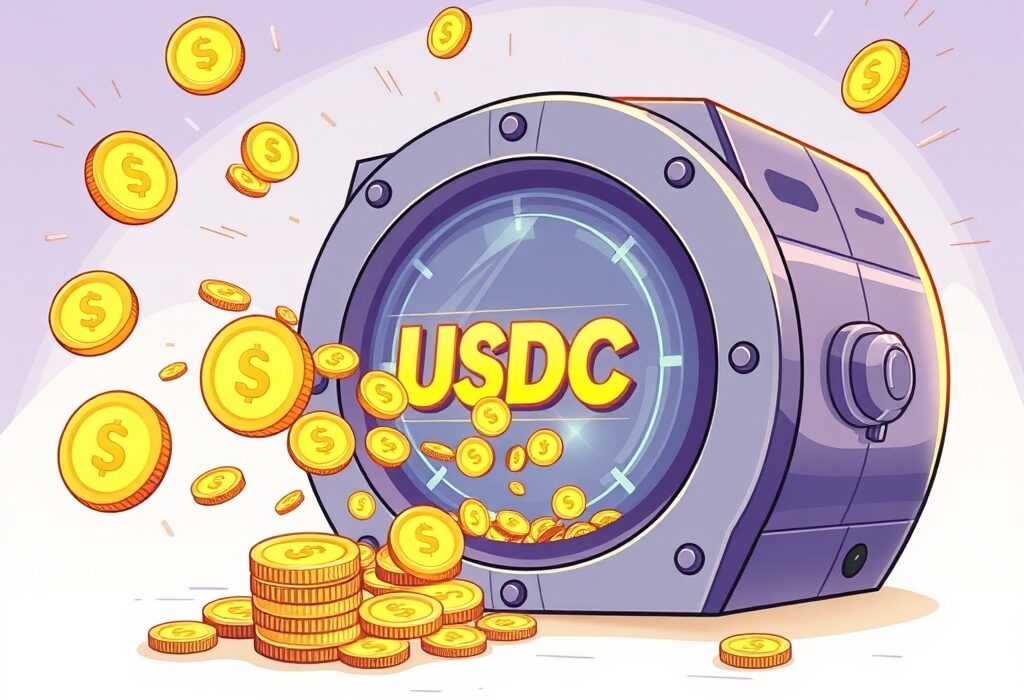 Cartoon illustration showing a digital treasury minting 250 million USDC, symbolizing significant stablecoin issuance and market impact.