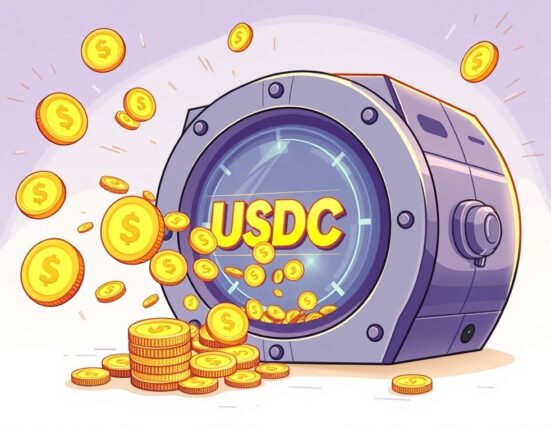 Cartoon illustration showing a digital treasury minting 250 million USDC, symbolizing significant stablecoin issuance and market impact.