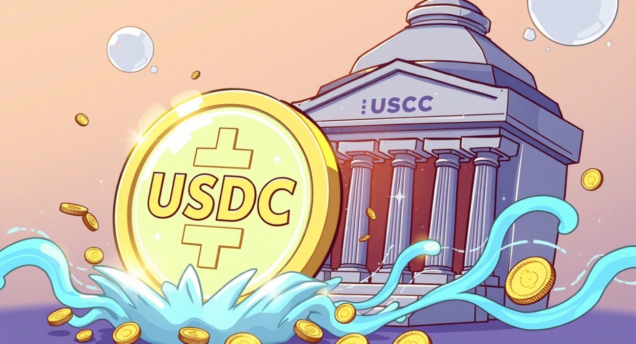 A cartoon illustration depicting 250 million USDC minted from a digital treasury, symbolizing a major stablecoin issuance.