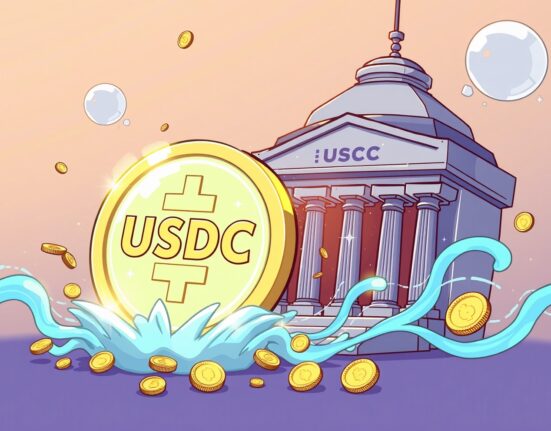 A cartoon illustration depicting 250 million USDC minted from a digital treasury, symbolizing a major stablecoin issuance.
