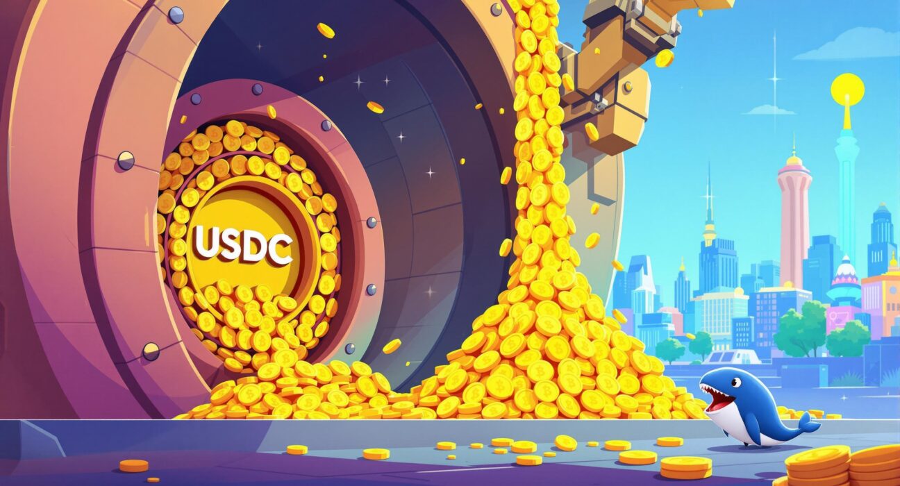 Cartoon illustration of a massive USDC minted from a treasury vault, symbolizing significant stablecoin liquidity entering the crypto market.
