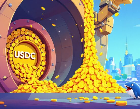 Cartoon illustration of a massive USDC minted from a treasury vault, symbolizing significant stablecoin liquidity entering the crypto market.
