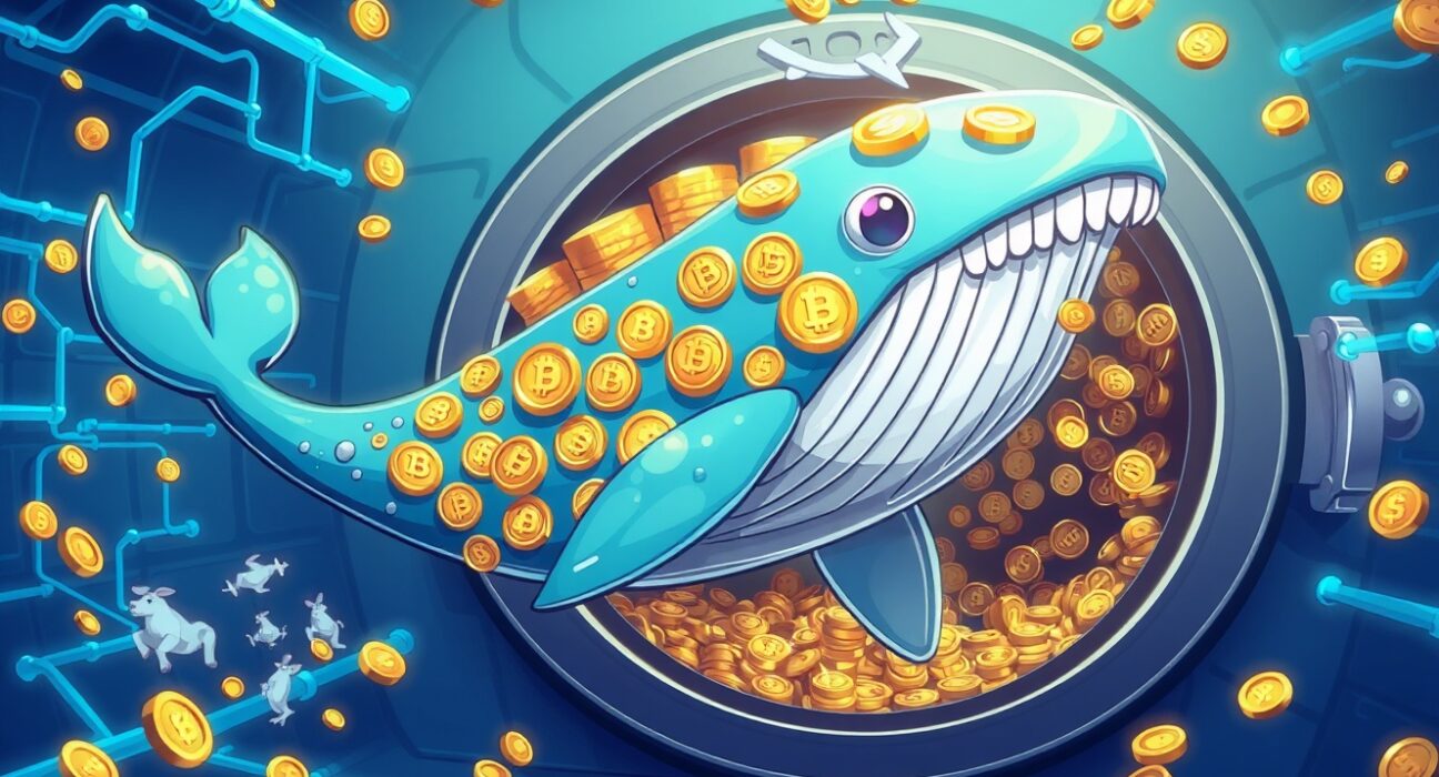 Whale-shaped USDC coins being minted in cryptocurrency treasury process