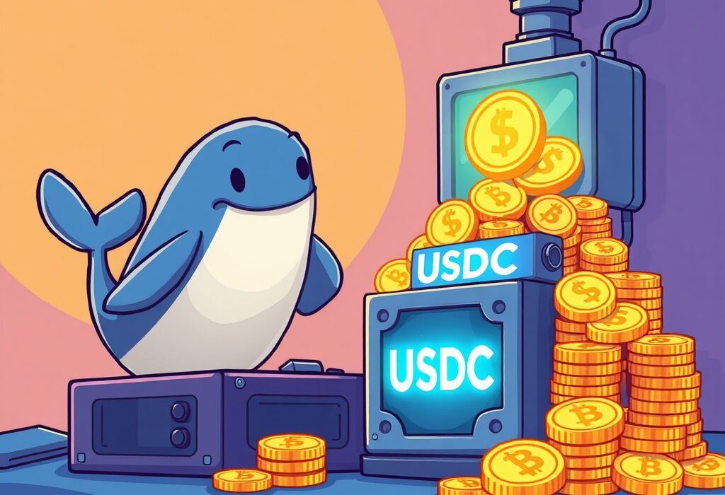 A cartoon whale oversees the creation of 250 million USDC, illustrating the significant USDC minted event and its market implications.