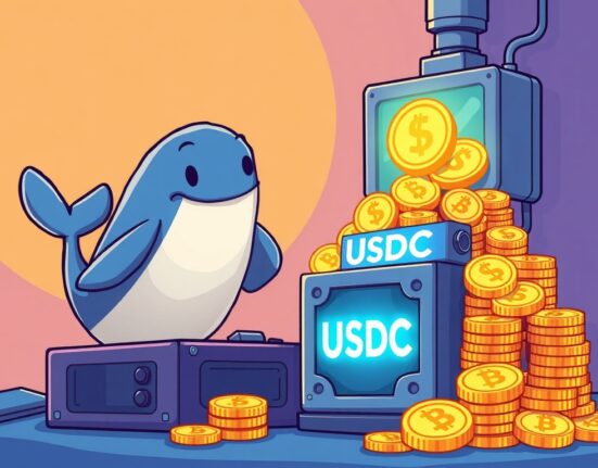 A cartoon whale oversees the creation of 250 million USDC, illustrating the significant USDC minted event and its market implications.