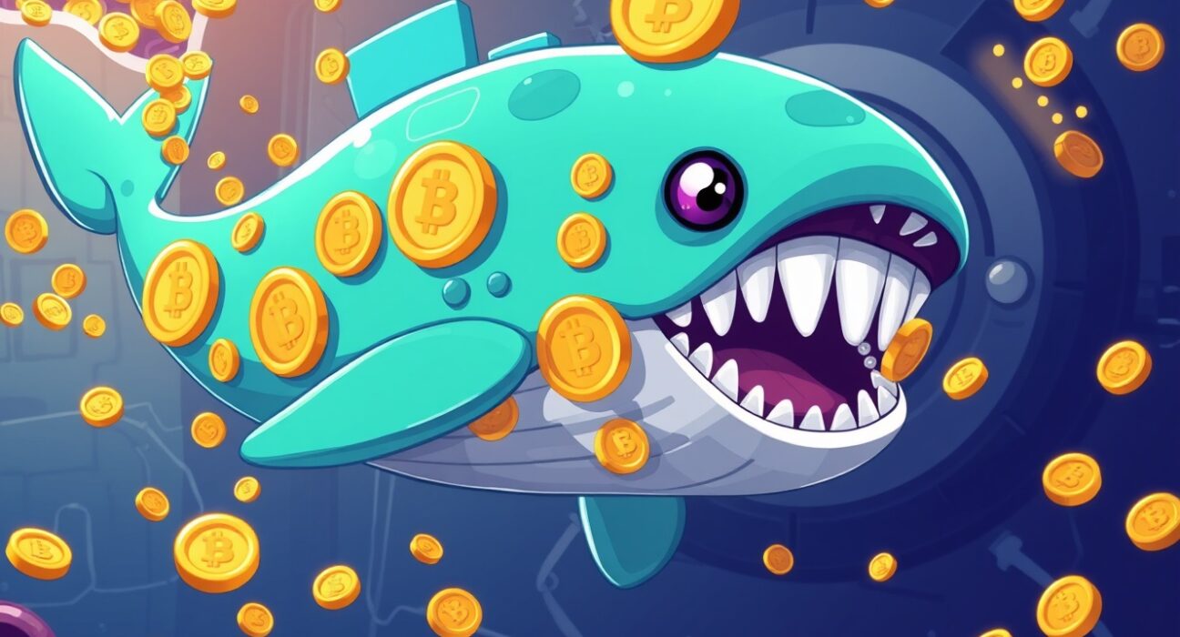 Whale-shaped USDC coins being minted from cryptocurrency treasury