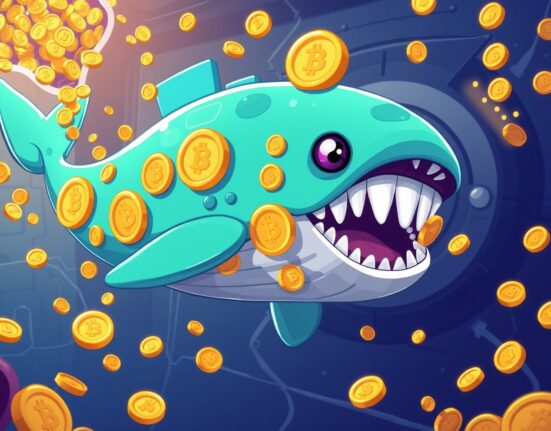 Whale-shaped USDC coins being minted from cryptocurrency treasury