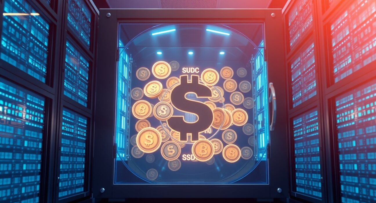 Massive USDC stablecoin creation event visualized as a digital vault in a data center.