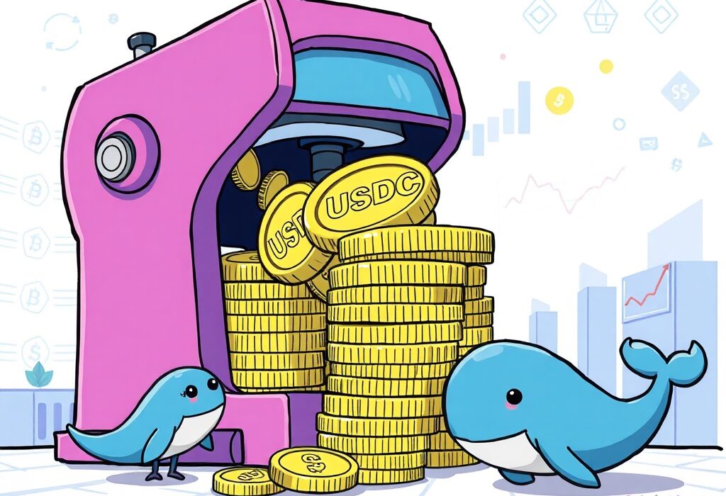 Cartoon illustration showing a large USDC minting event, symbolizing significant stablecoin liquidity entering the crypto market.