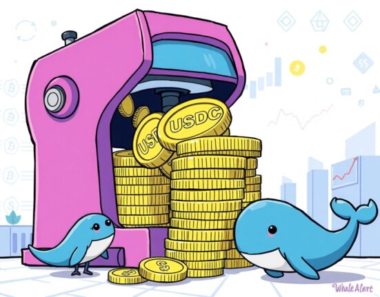 Cartoon illustration showing a large USDC minting event, symbolizing significant stablecoin liquidity entering the crypto market.