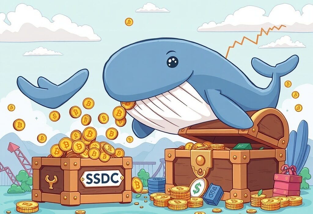 Cartoon illustration of a whale minting a large amount of USDC, symbolizing significant stablecoin supply growth in the crypto market.