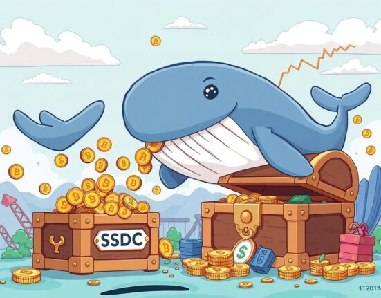 Cartoon illustration of a whale minting a large amount of USDC, symbolizing significant stablecoin supply growth in the crypto market.