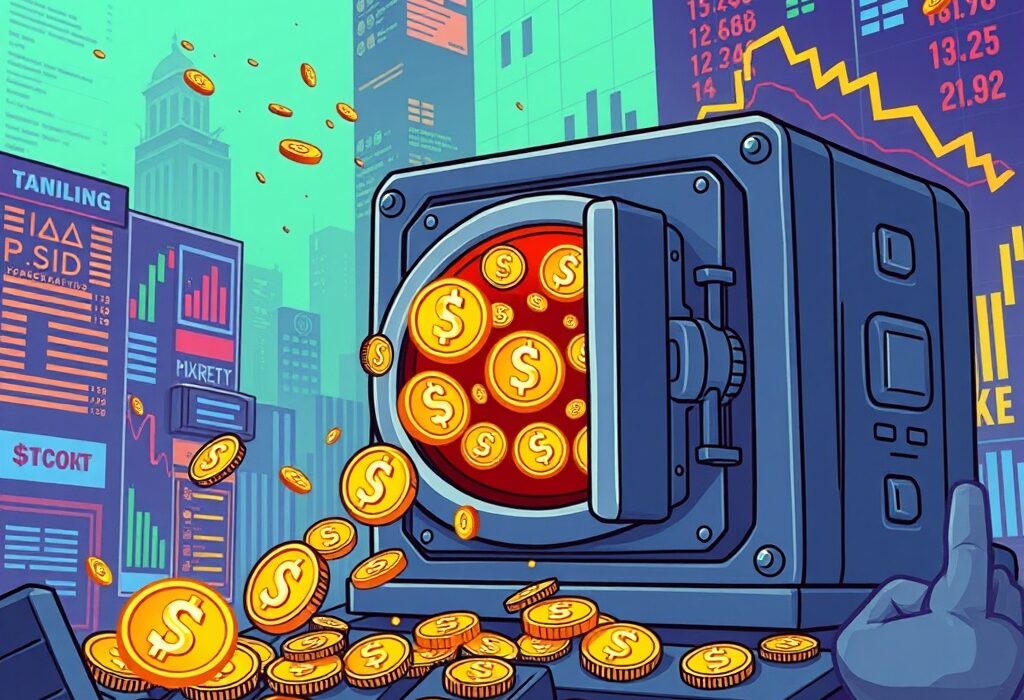 Cartoon showing a secure digital treasury minting a massive amount of USDC, signifying the latest USDC minting event and its market impact.