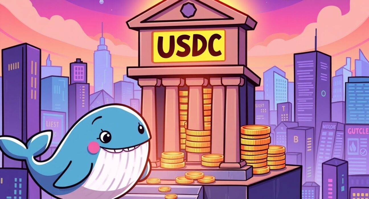 Cartoon illustration showing a massive USDC minting event, with digital coins emerging from a treasury, symbolizing increased crypto liquidity.