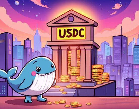 Cartoon illustration showing a massive USDC minting event, with digital coins emerging from a treasury, symbolizing increased crypto liquidity.