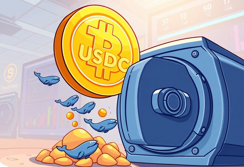 Cartoon showing a massive USDC Minting event, with $250 million being deposited into a digital treasury, symbolizing market liquidity and the impact of USDC Minting.
