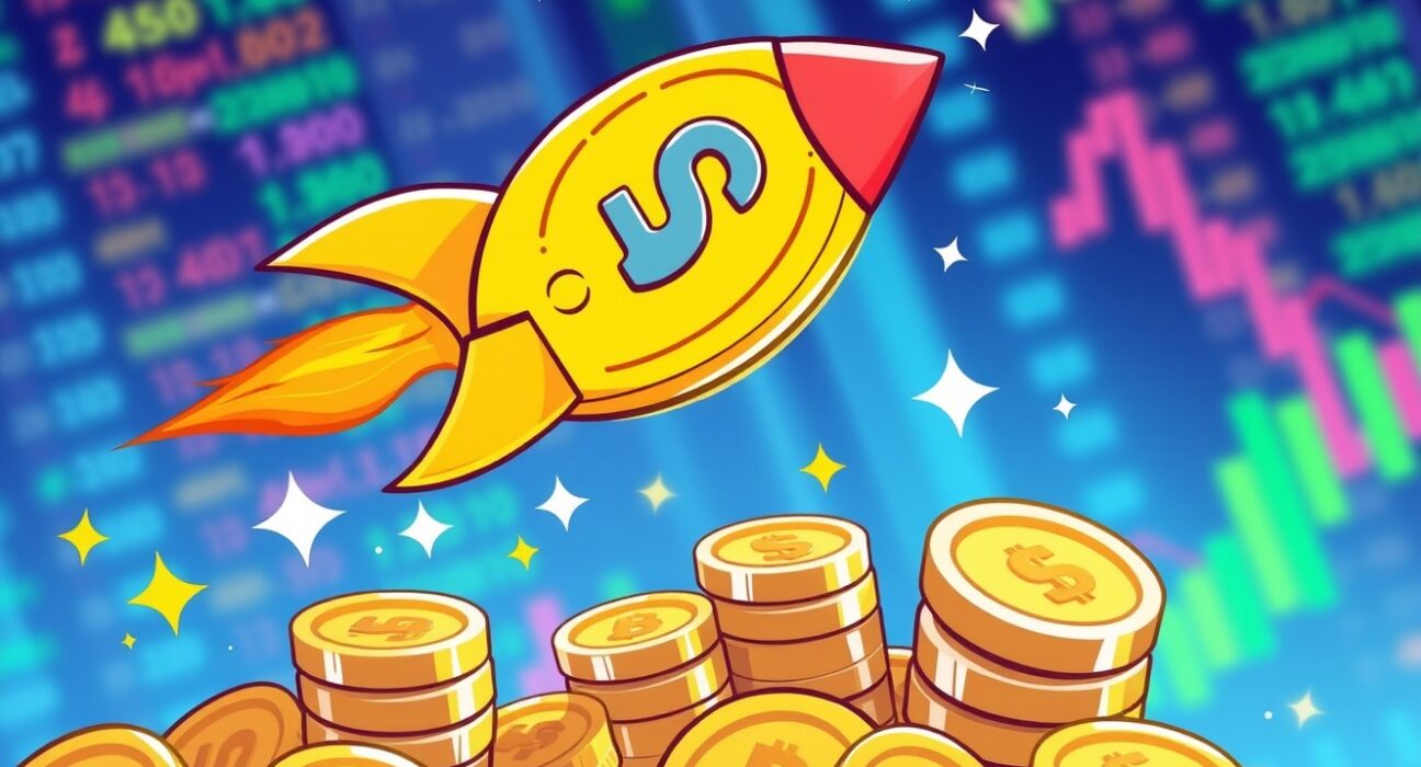 Dramatic USDC price spike illustrated as a rocket coin soaring above market