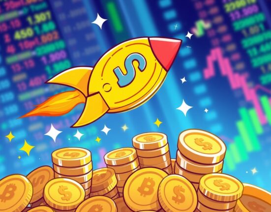 Dramatic USDC price spike illustrated as a rocket coin soaring above market