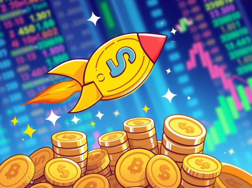 Dramatic USDC price spike illustrated as a rocket coin soaring above market