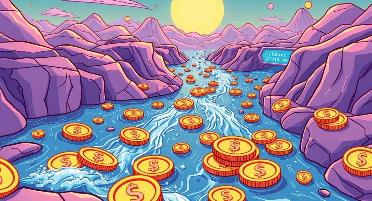 A visual representation of digital currency flowing into a blockchain network, highlighting the significant minting of USDC on Solana.