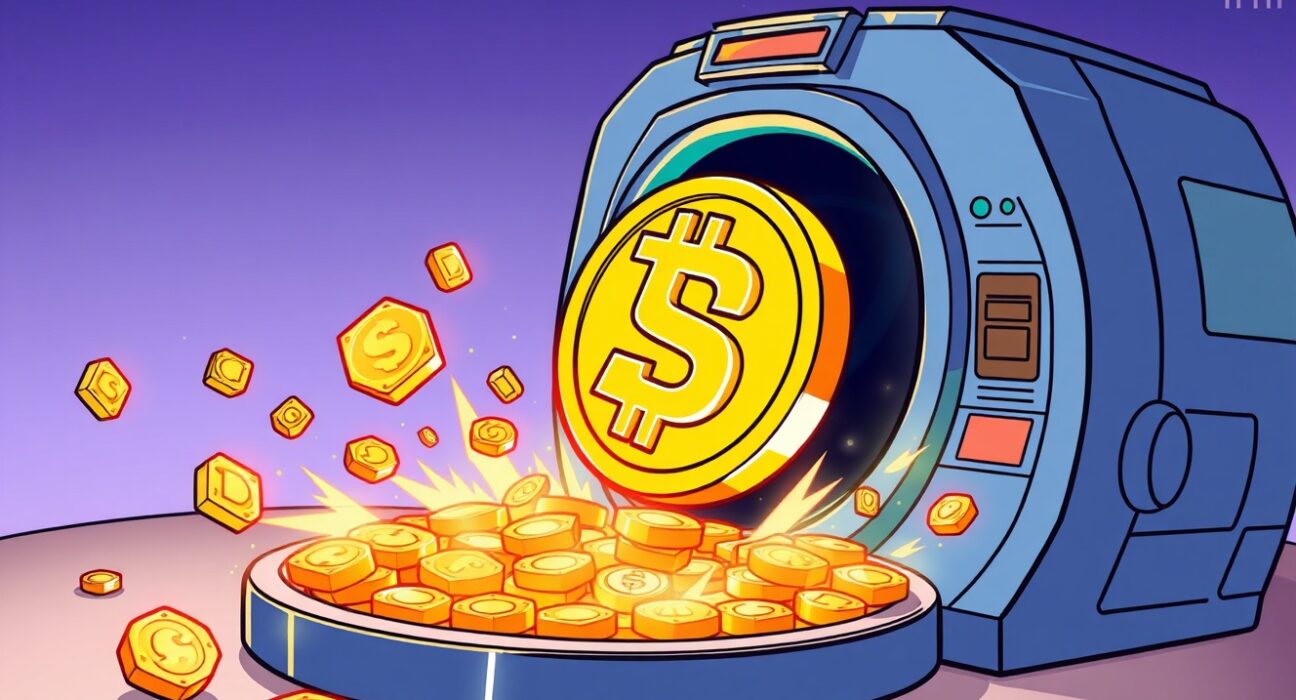 A cartoon illustration of a large amount of USDC stablecoin being minted from a digital treasury, indicating a significant increase in market liquidity.