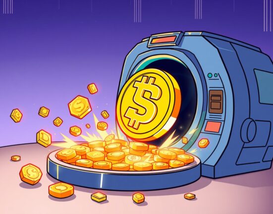 A cartoon illustration of a large amount of USDC stablecoin being minted from a digital treasury, indicating a significant increase in market liquidity.