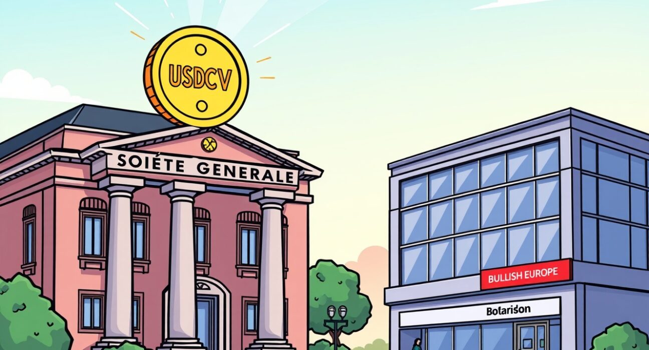 A cartoon illustration symbolizing the integration of Societe Generale's USDCV stablecoin into the Bullish Europe exchange, highlighting institutional crypto expansion.