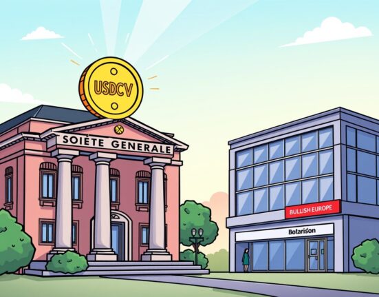 A cartoon illustration symbolizing the integration of Societe Generale's USDCV stablecoin into the Bullish Europe exchange, highlighting institutional crypto expansion.