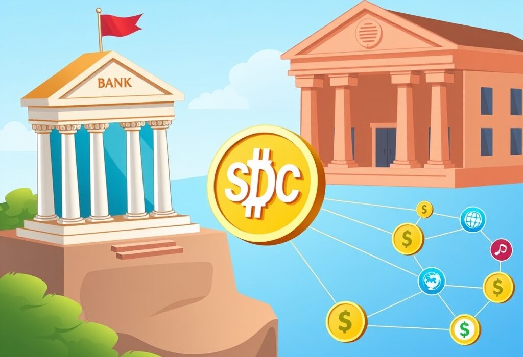 A cartoon illustration showing the seamless flow of USDC stablecoin transactions between financial institutions, enabled by a fintech partnership.