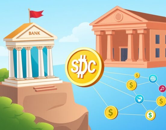 A cartoon illustration showing the seamless flow of USDC stablecoin transactions between financial institutions, enabled by a fintech partnership.