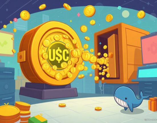 A cartoon illustration showing a significant 250 million USDC stablecoin minting event impacting the crypto market.