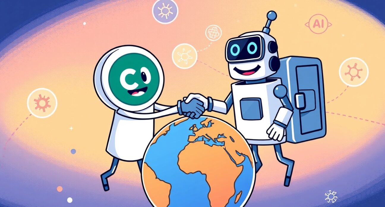 Cartoon illustration showing Circle and Crossmint collaborating to expand USDC support for users and AI agents globally.