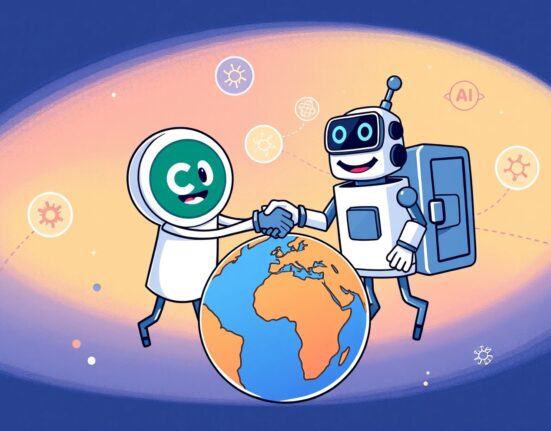 Cartoon illustration showing Circle and Crossmint collaborating to expand USDC support for users and AI agents globally.