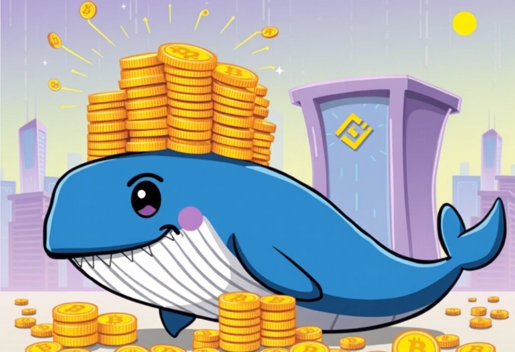 Cartoon whale overseeing a large USDC transfer to Binance, symbolizing a significant cryptocurrency transaction.