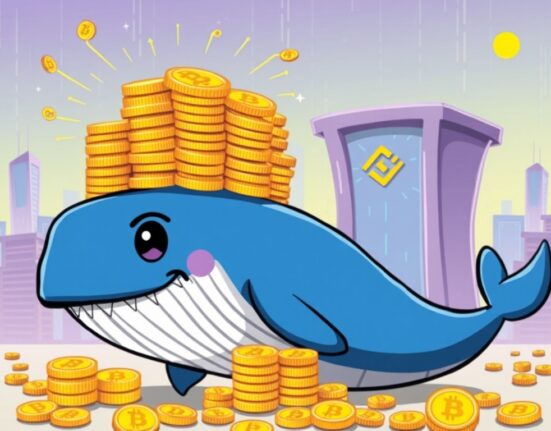 Cartoon whale overseeing a large USDC transfer to Binance, symbolizing a significant cryptocurrency transaction.