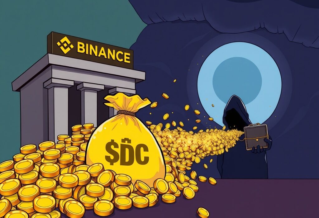 Illustration of a significant USDC transfer from Binance to an unknown crypto wallet, highlighting the mystery of this large crypto transaction.