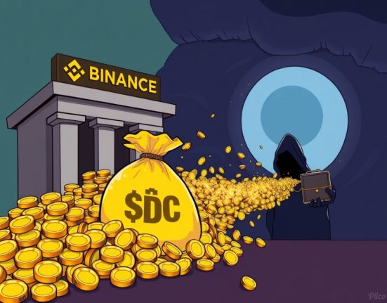 Illustration of a significant USDC transfer from Binance to an unknown crypto wallet, highlighting the mystery of this large crypto transaction.