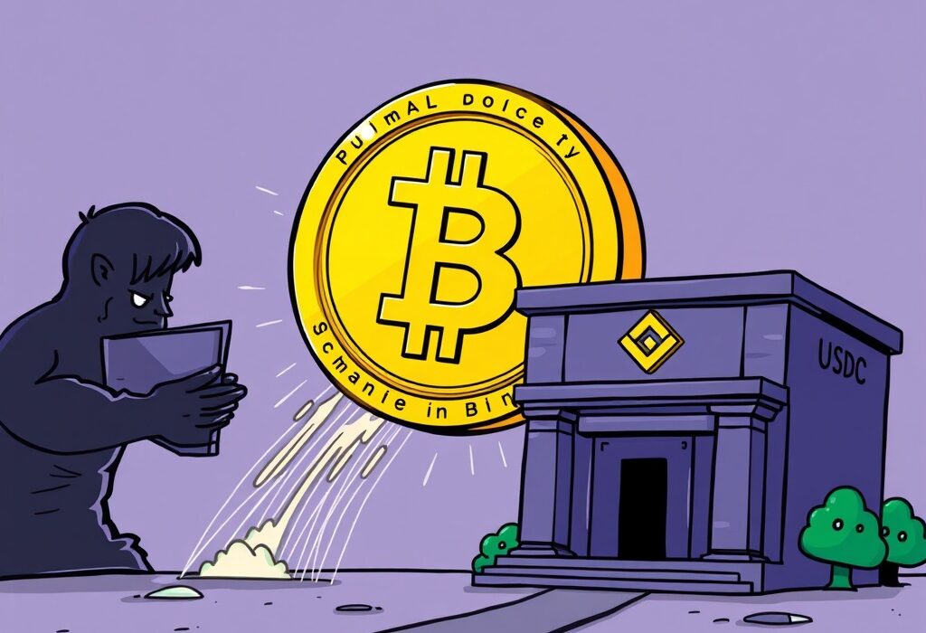 A cartoon showing a massive USDC transfer flowing from an unknown digital wallet into the secure systems of Binance, symbolizing significant crypto whale activity.